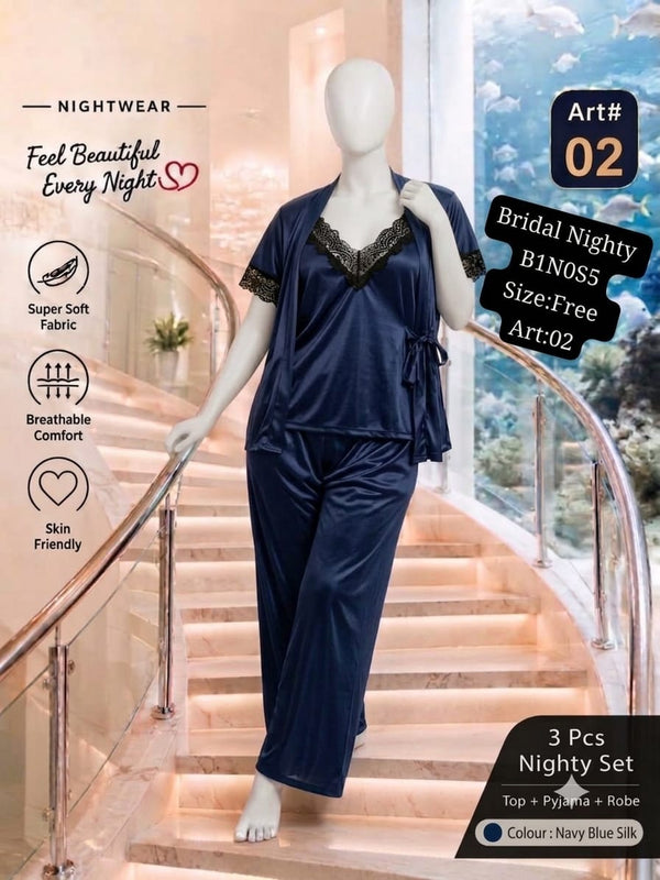 Bridal Nighty 3 Pc Set Art 02 Navy Blue Silk